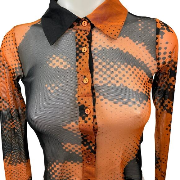 Urban Outfitters Orange Black Poster Print Mesh Button Crop Shirt Blouse Top XS - Picture 3 of 5